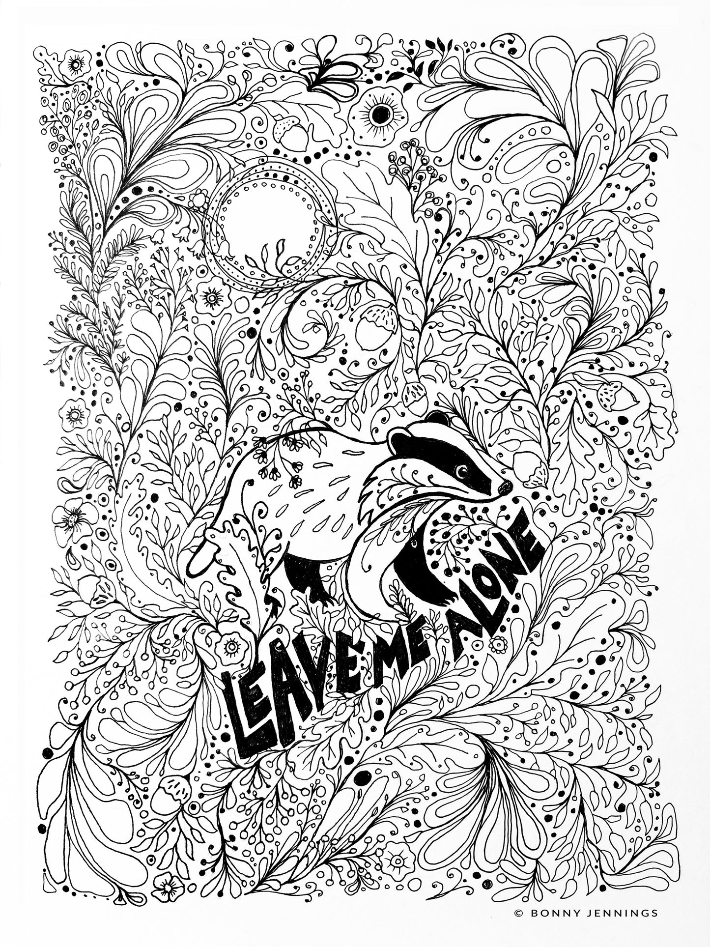 “Leave Me Alone” Woodland Badger, Black & White Art Print