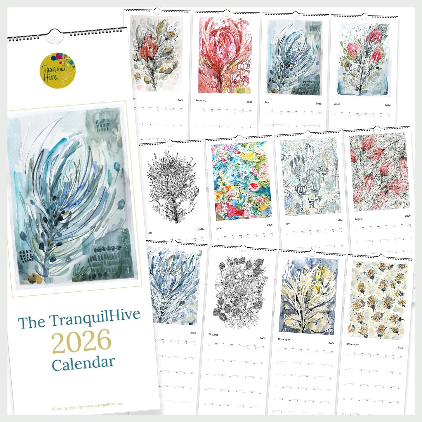 TranquilHive 2026 Calendar - Elegant Protea Artwork by Bonny Jennings