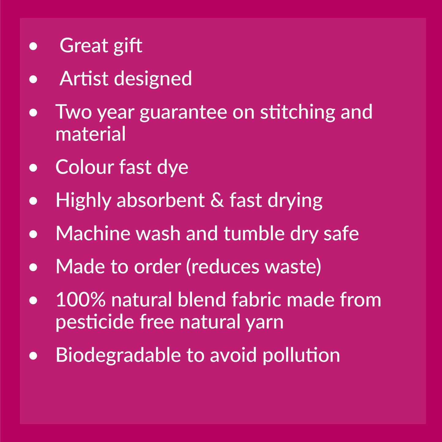 List of product features on a pink background