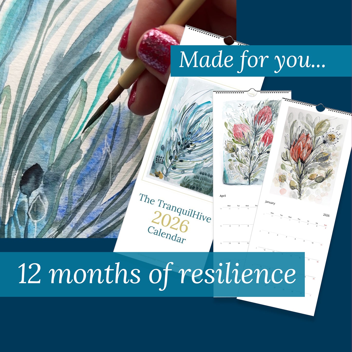 TranquilHive 2026 Calendar - Elegant Protea Artwork by Bonny Jennings