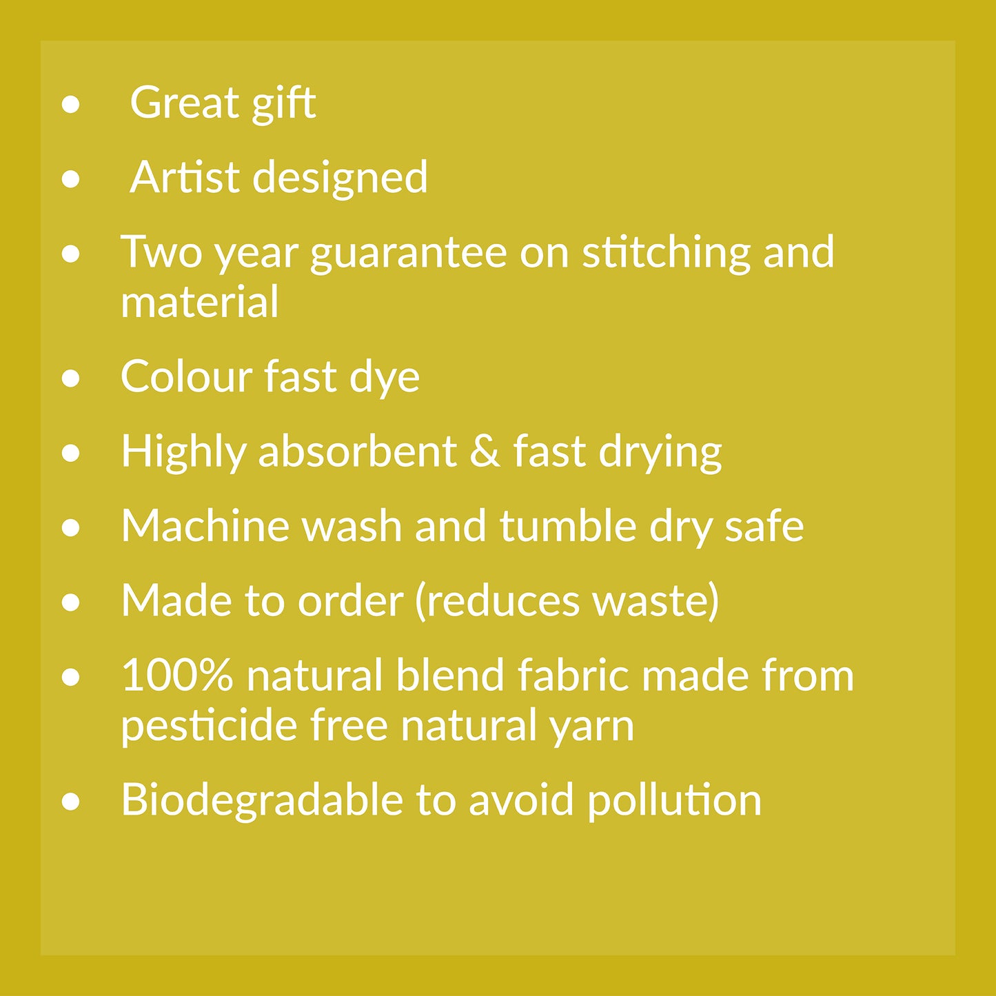 List of product features on a yellow background