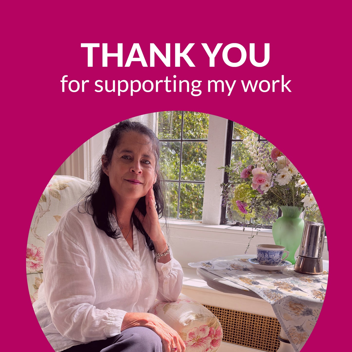 Picture of Bonny Jennings in the sun with flowers and coffee and a tea towel on the table. Thank you for supporting my work.