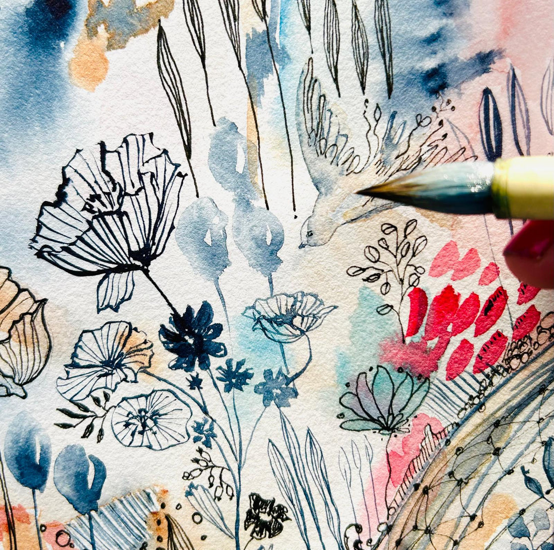 Close up photo of painting flowers and a bird 