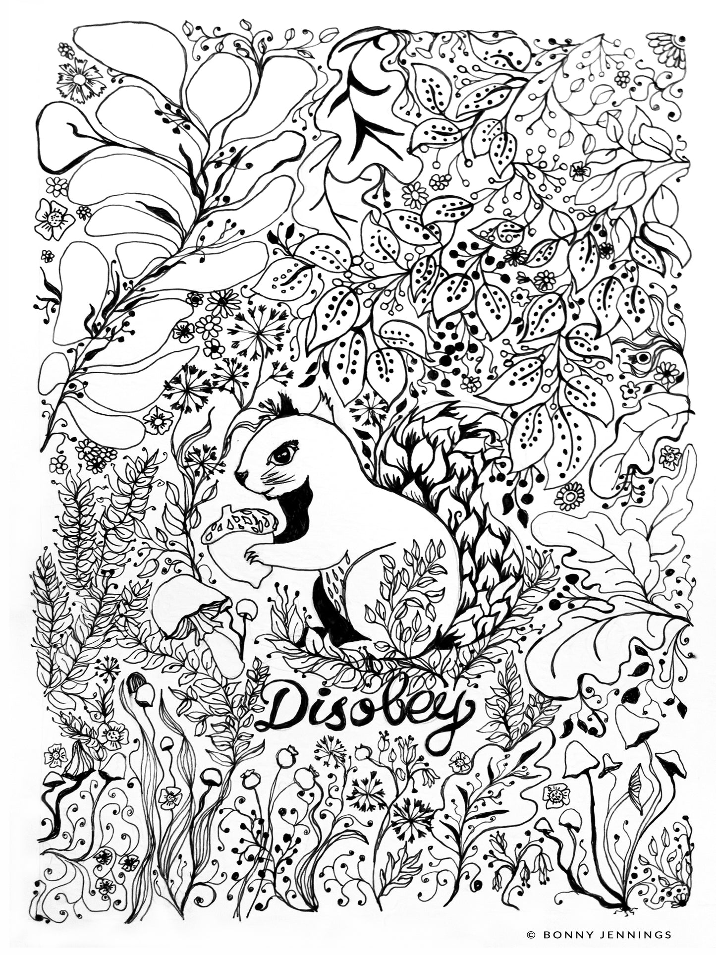 “Disobey” Woodland Squirrel, Black & White Art Print