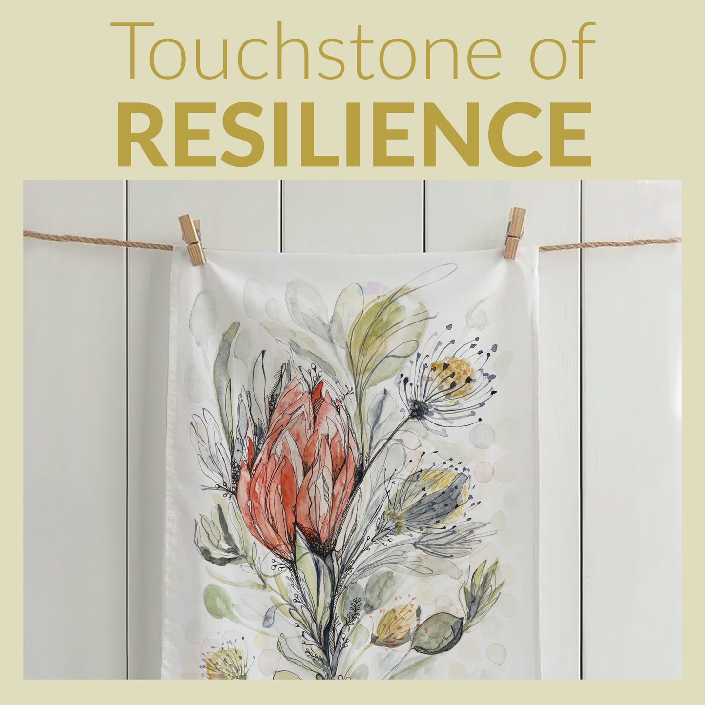 Coral protea Tea Towel Original Watercolour, Sustainable Cotton