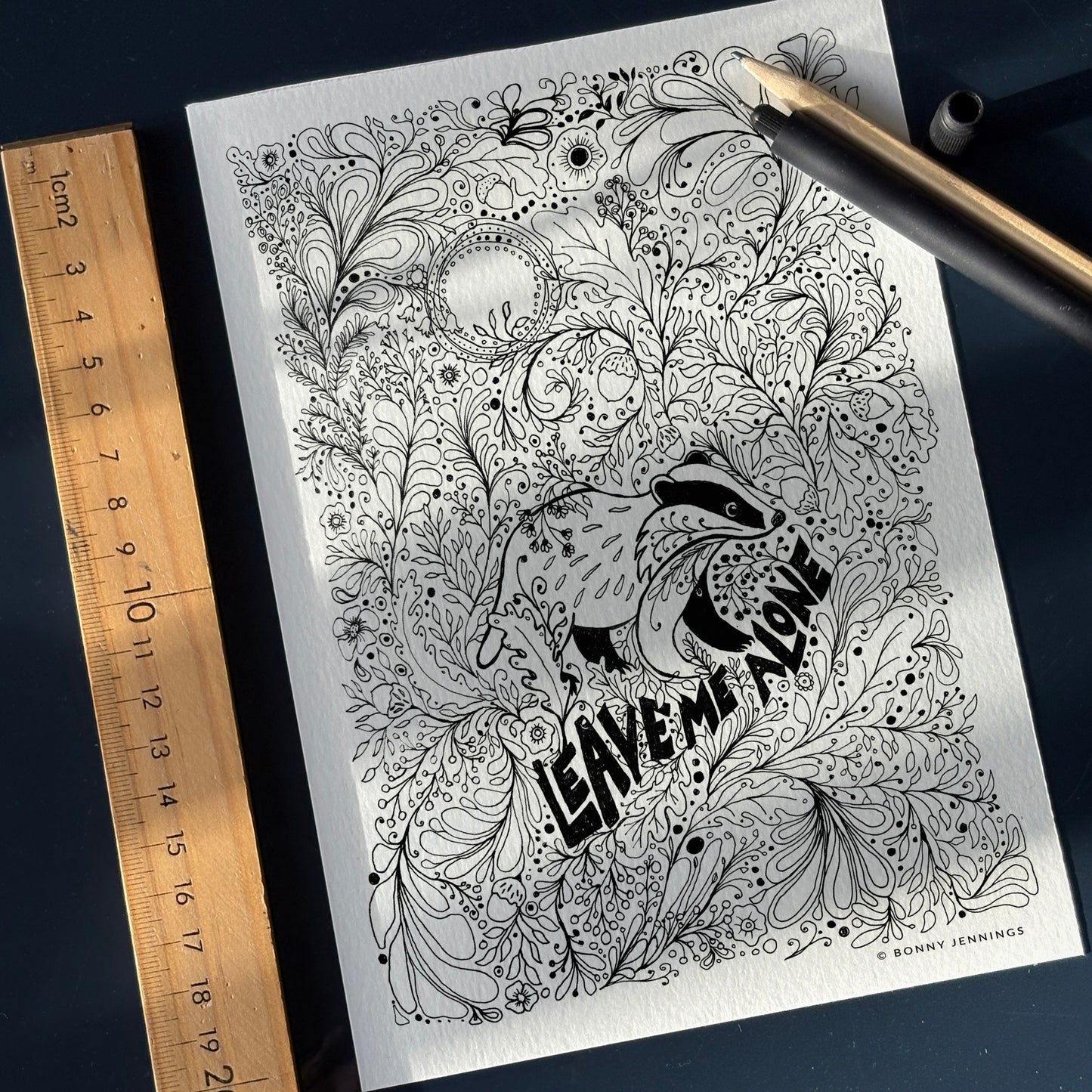 “Leave Me Alone” Woodland Badger, Black & White Art Print