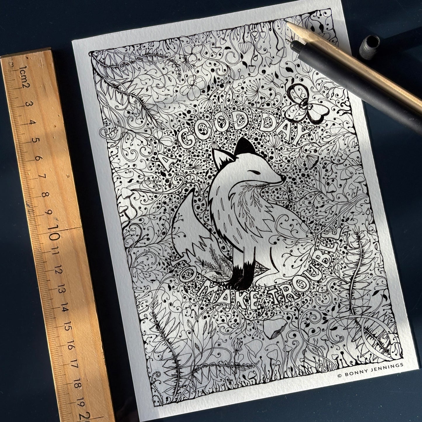 “A Good Day to Make Trouble” Woodland Fox Black & White Art Print 5x7 & 8x12inch