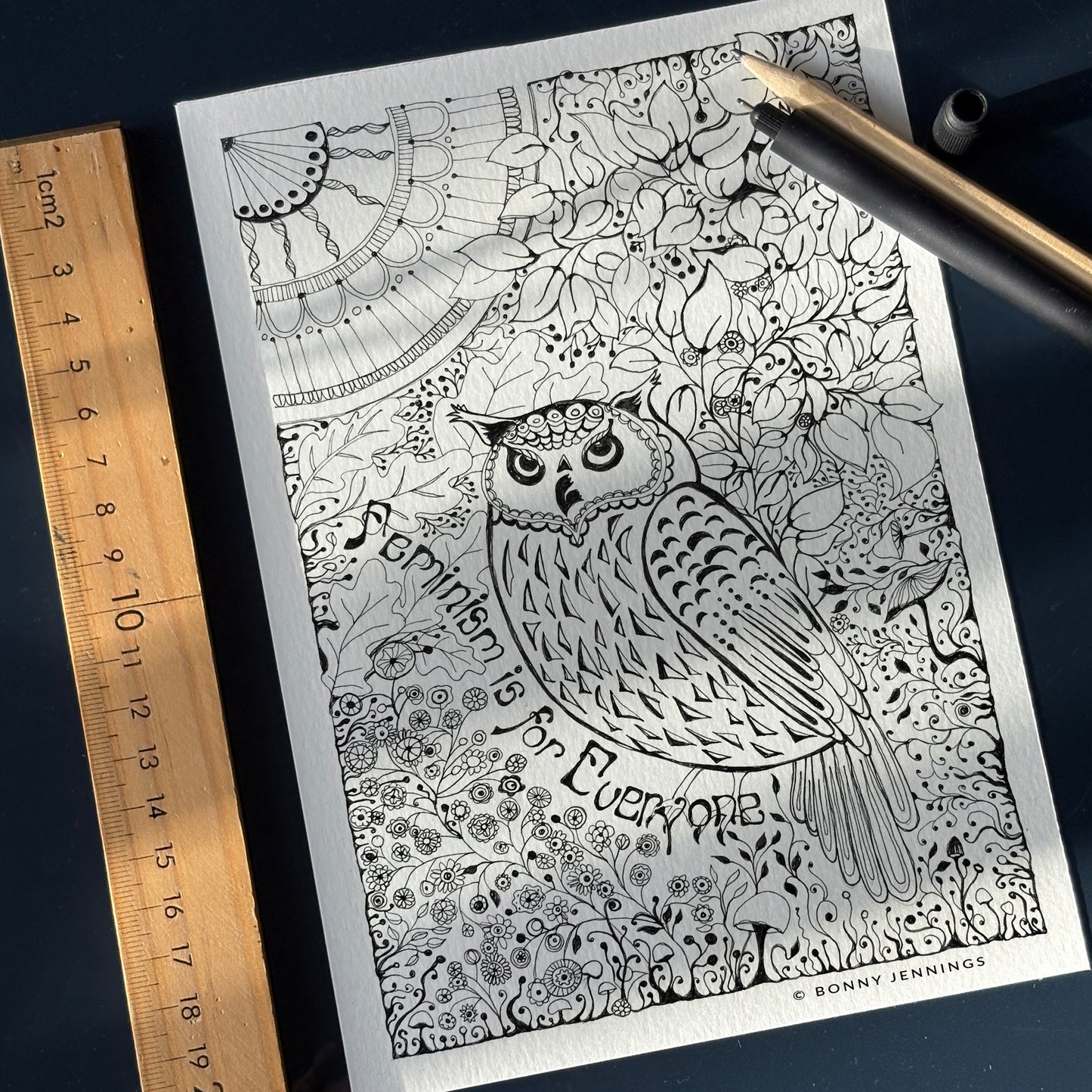 “Feminism Is For Everyone” Woodland Owl, Black & White Art Print