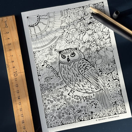 “Feminism Is For Everyone” Woodland Owl, Black & White Art Print