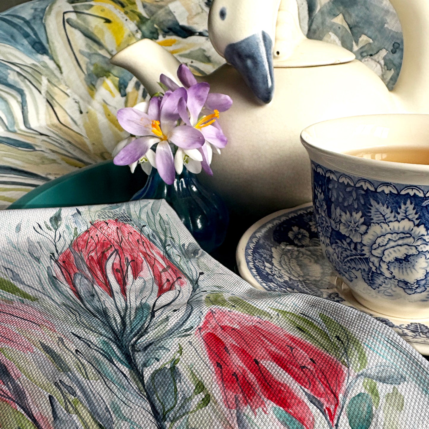 Aqua protea Tea Towel Original Watercolour, Sustainable Cotton