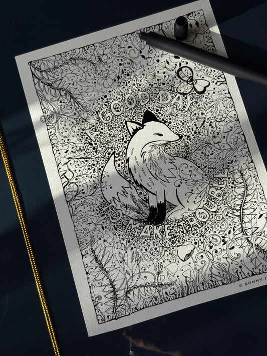 “A Good Day to Make Trouble” Woodland Fox Black & White Art Print 5x7 & 8x12inch