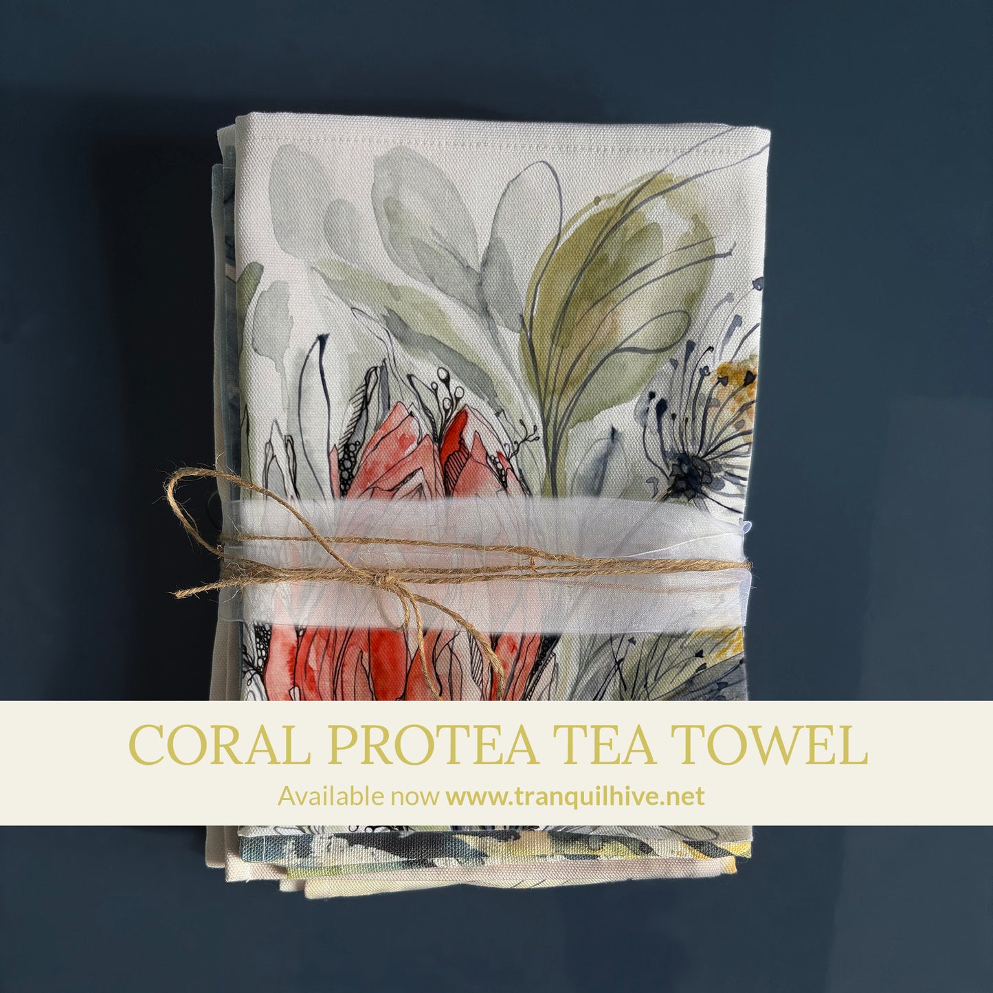 Coral protea Tea Towel Original Watercolour, Sustainable Cotton