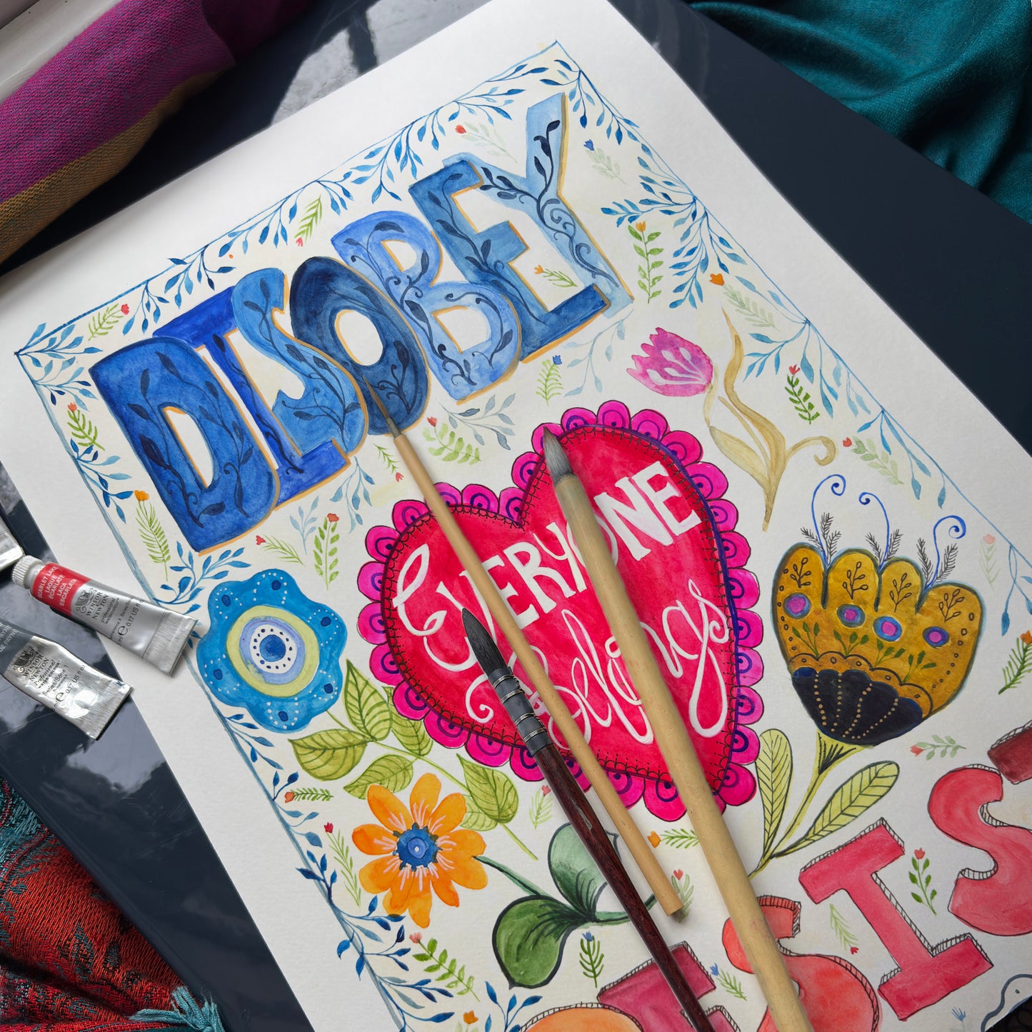 Disobey, Resist - Everyone Belongs cotton tea towel, by Bonny Jennings