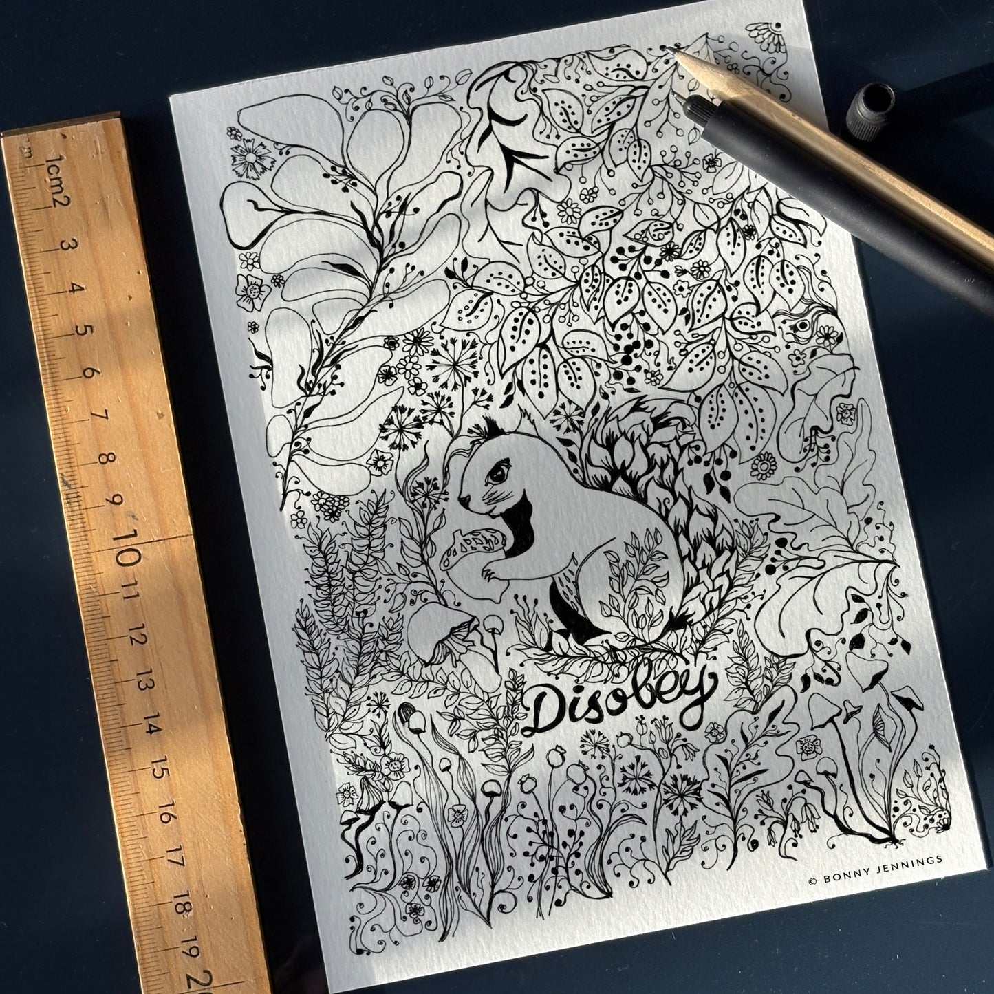 “Disobey” Woodland Squirrel, Black & White Art Print