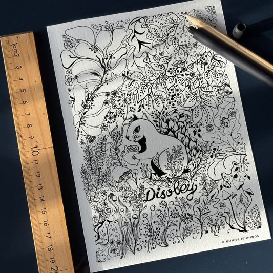 “Disobey” Woodland Squirrel, Black & White Art Print