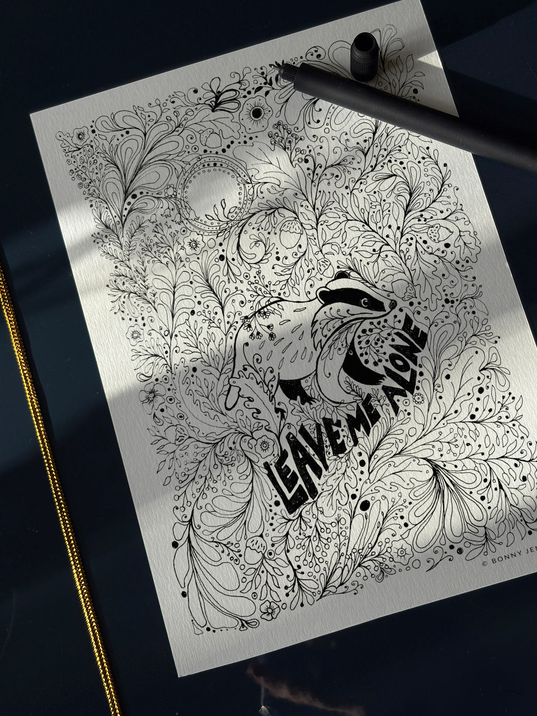 “Leave Me Alone” Woodland Badger, Black & White Art Print