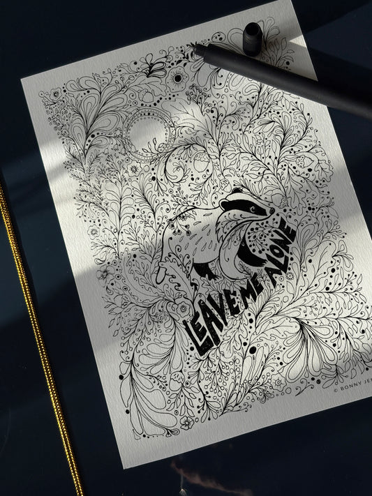 “Leave Me Alone” Woodland Badger, Black & White Art Print