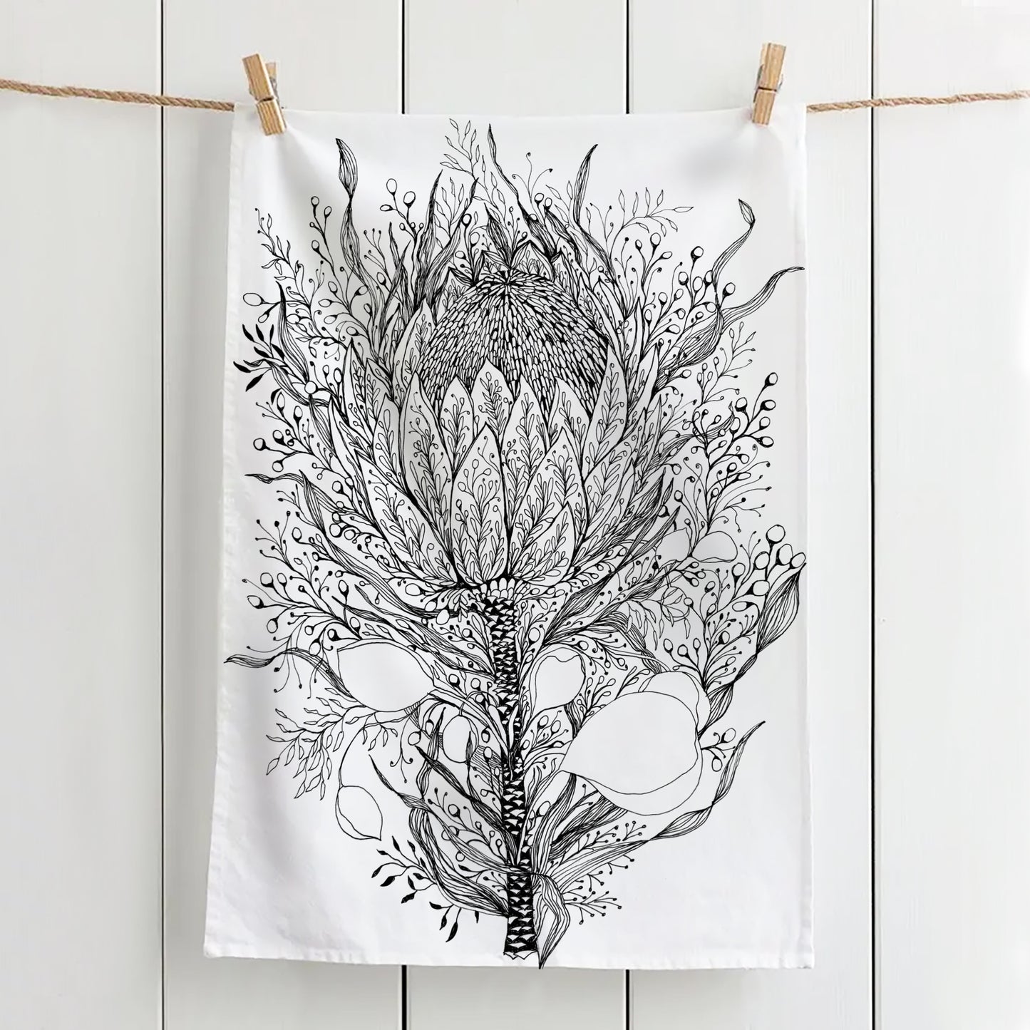 Fortitude Hand Drawn Protea Tea Towel, 100% Cotton