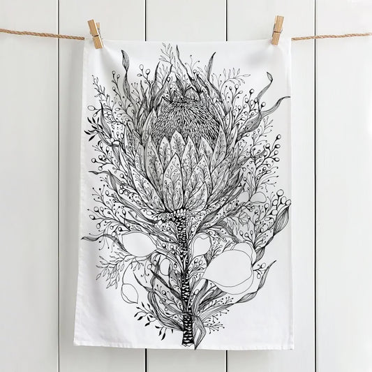 Fortitude Hand Drawn Protea Tea Towel, 100% Cotton