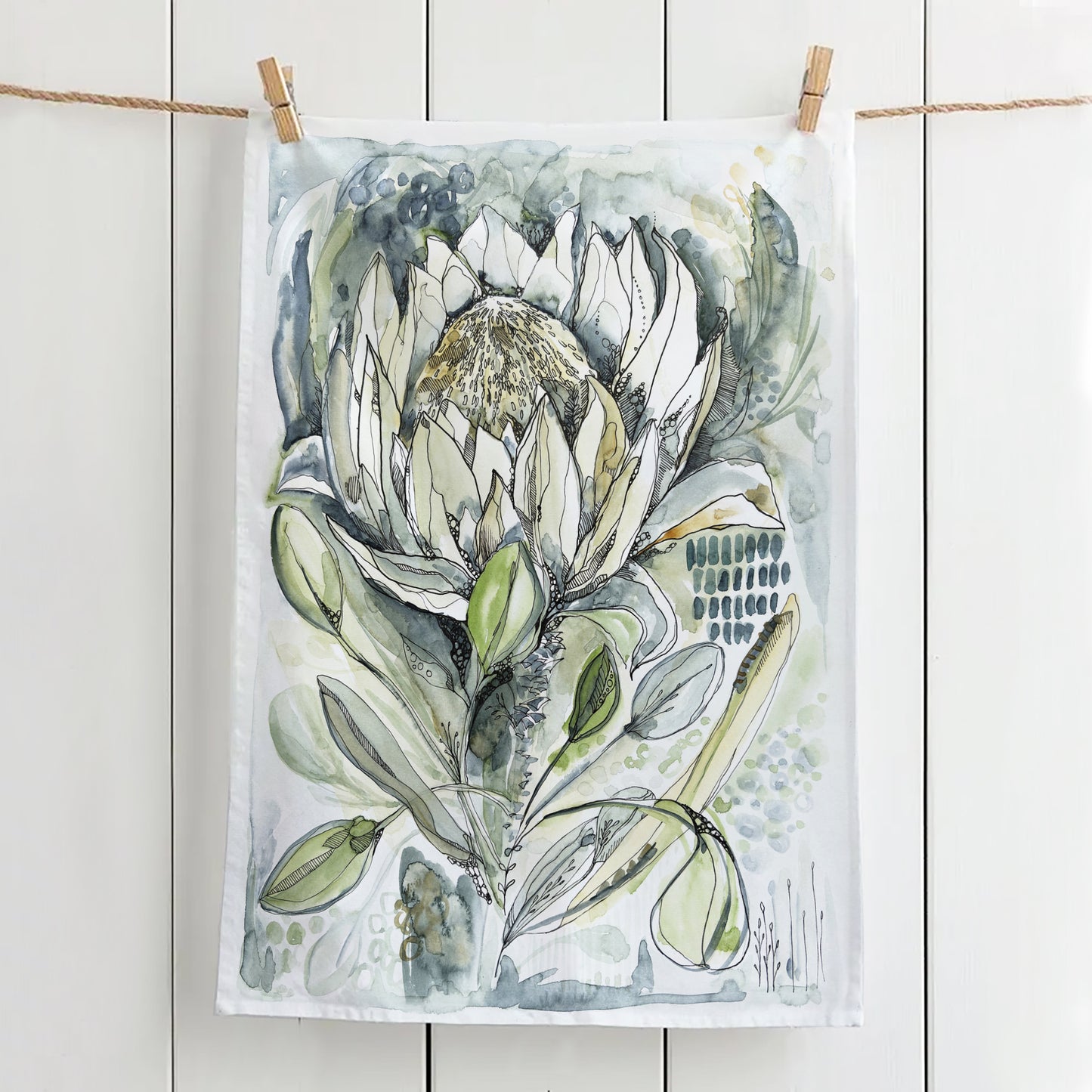 Green Protea Tea Towel, Original Watercolour, Sustainable Cotton