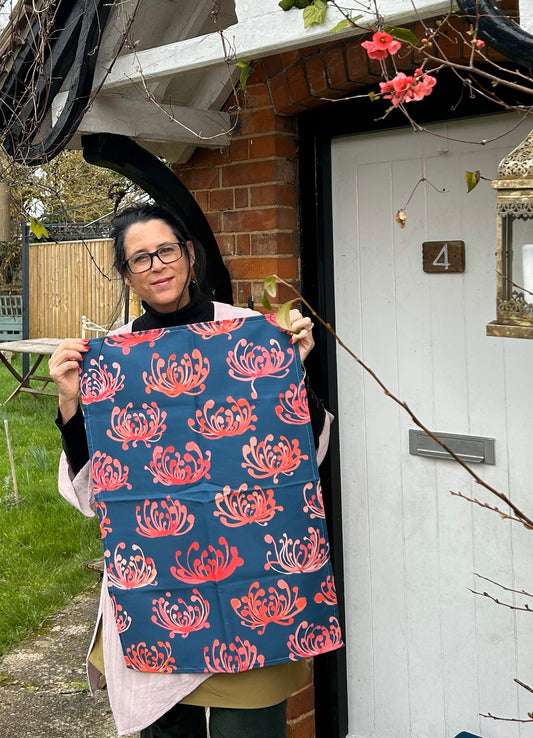 Artist designed cotton tea towel, Spidery Reds Chrysanthemums