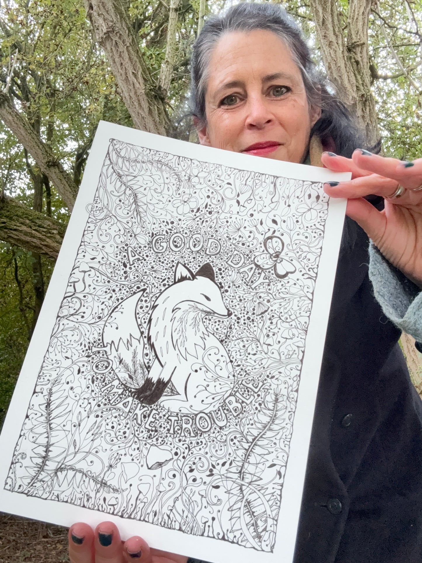 “A Good Day to Make Trouble” Woodland Fox Black & White Art Print 5x7 & 8x12inch