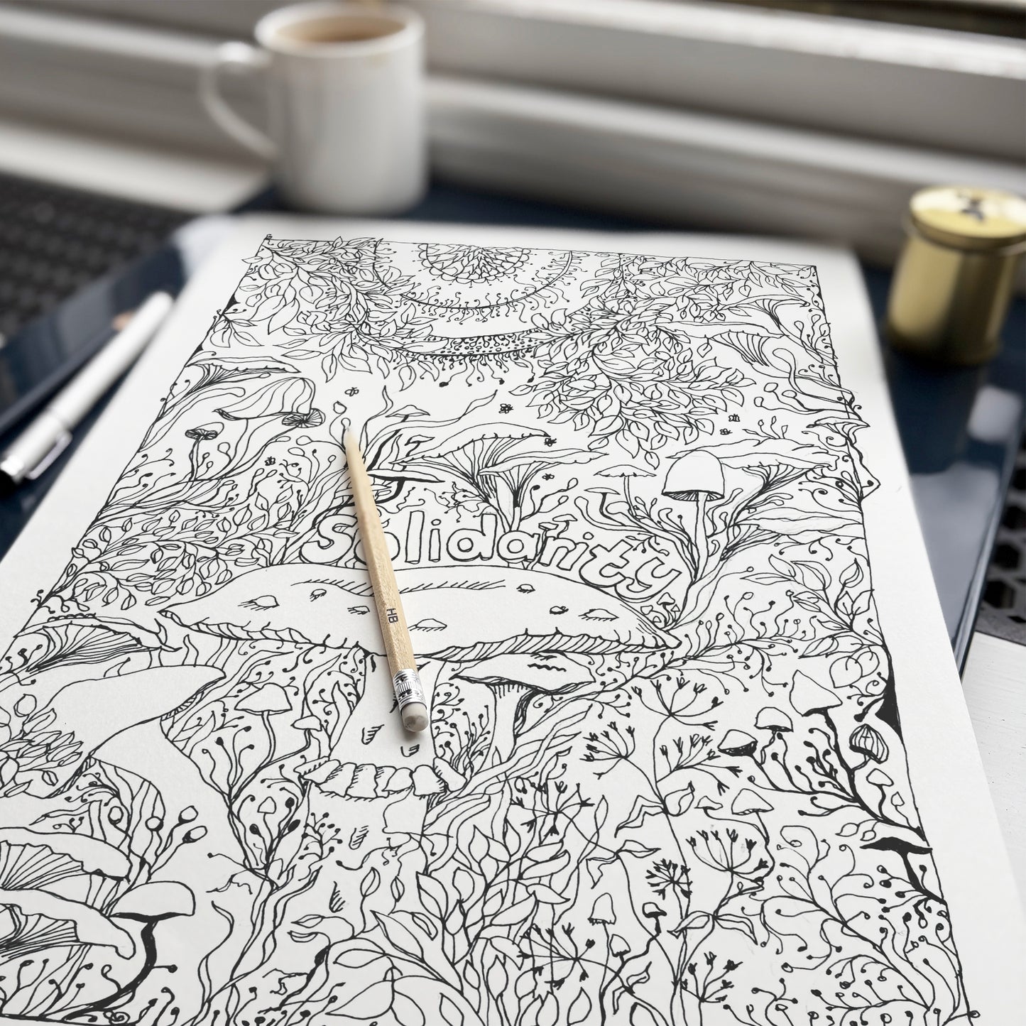 'Solidarity' Woodland Mushroom, Black & White A3 Art Print