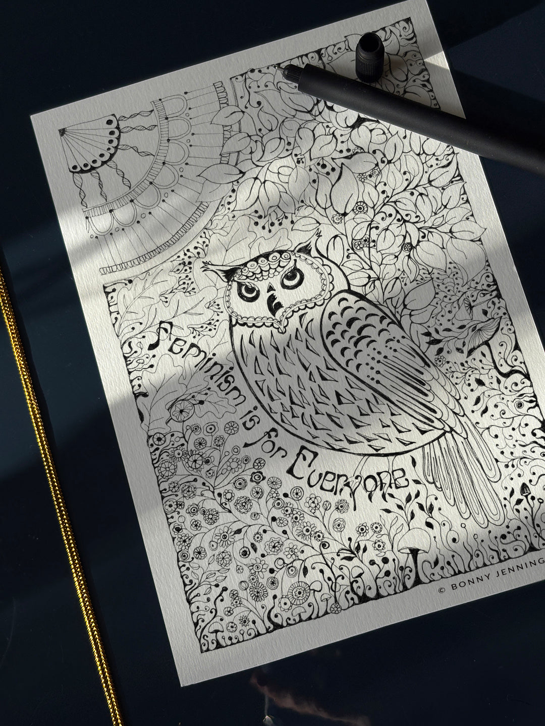 “Feminism Is For Everyone” Woodland Owl, Black & White Art Print