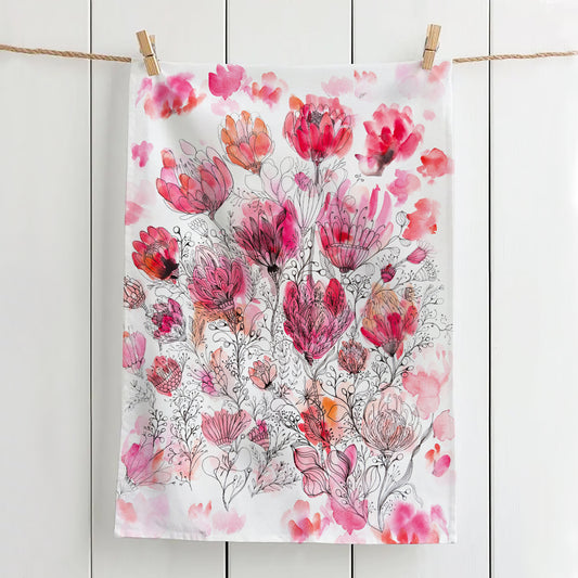 Pink and Delicate Protea Tea Towel, 100% Cotton