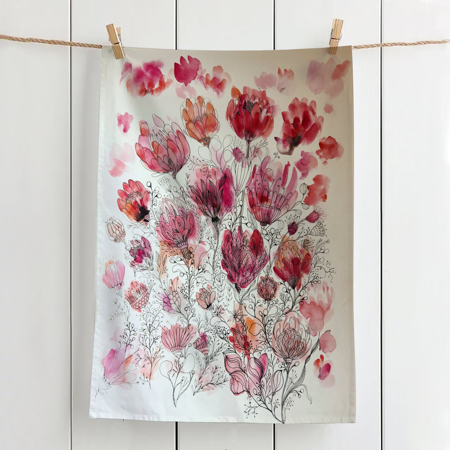 Pink and Delicate Protea Tea Towel, 100% Cotton