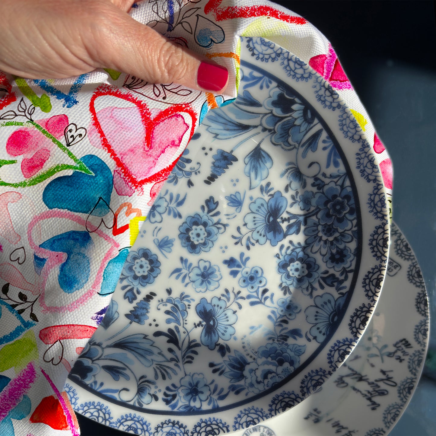 Freehand Rainbow Heart Tea Towel – Ink & Crayon by Bonny Jennings