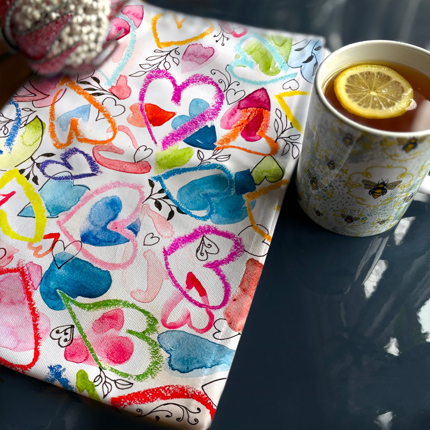 Freehand Rainbow Heart Tea Towel – Ink & Crayon by Bonny Jennings
