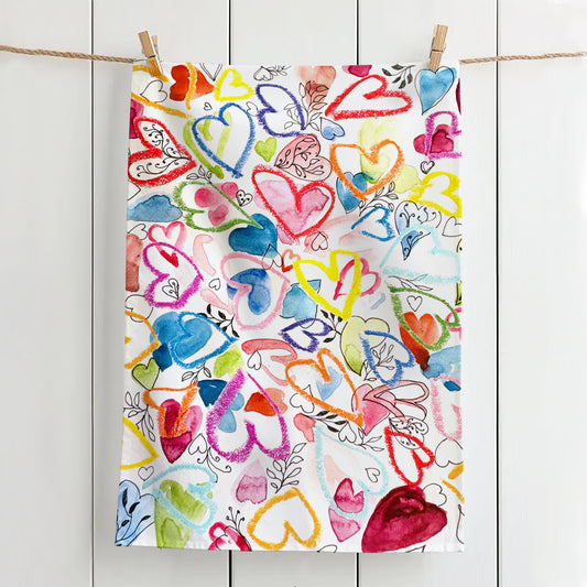 Freehand Rainbow Heart Tea Towel – Ink & Crayon by Bonny Jennings