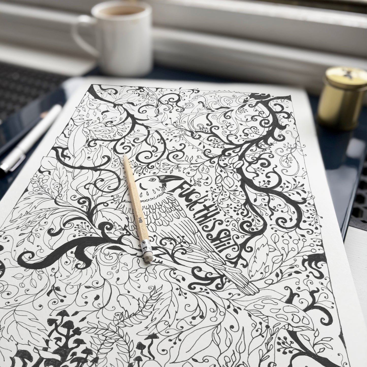 “F@£$ this Sh£$"” Woodland Raven, Black & White A3 Art Print