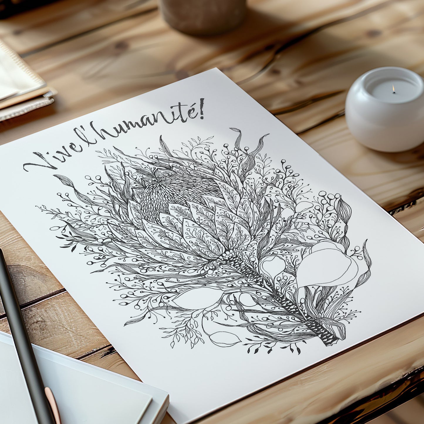 Vive l’Humanité – Pen & Ink Protea Tea Towel by Bonny Jennings