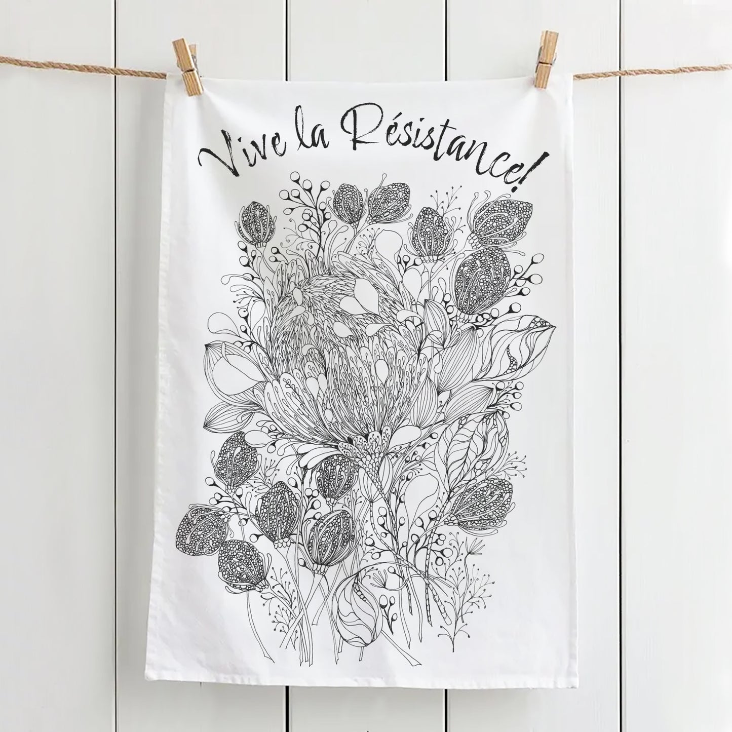Vive La Résistance – Pen & Ink Protea Tea Towel by Bonny Jennings